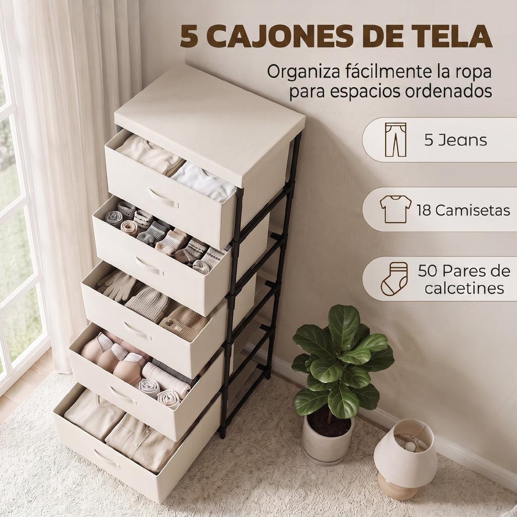 Bedroom Dresser With 5 Fabric Drawers Steel Frame Chest Of Drawers For Living Room Office Wardrobe Beige