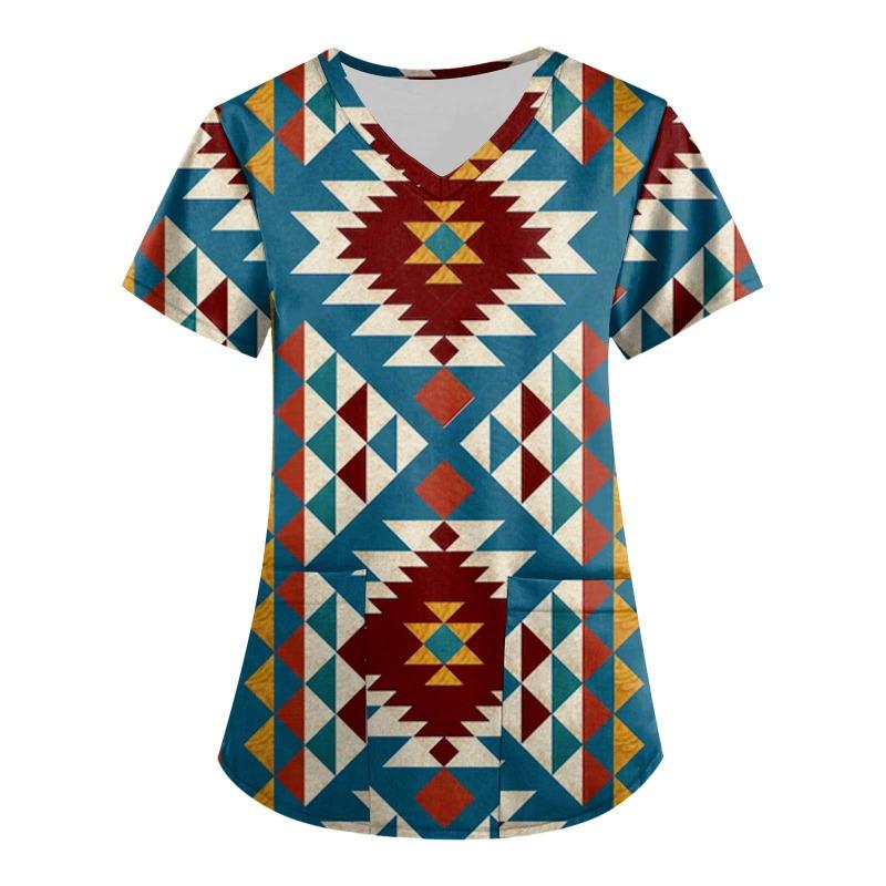 Summer Women's Retro Printed Loose Casual V-neck Short Sleeved Pocket Top T-Shirts Women’s