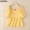 VONDA Summer Women Square Collar Puff Sleeve Ruched Casual Blouse Tops