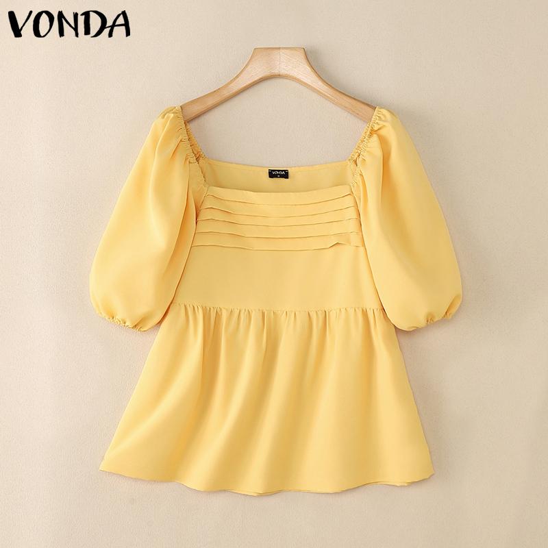 VONDA Summer Women Square Collar Puff Sleeve Ruched Casual Blouse Tops