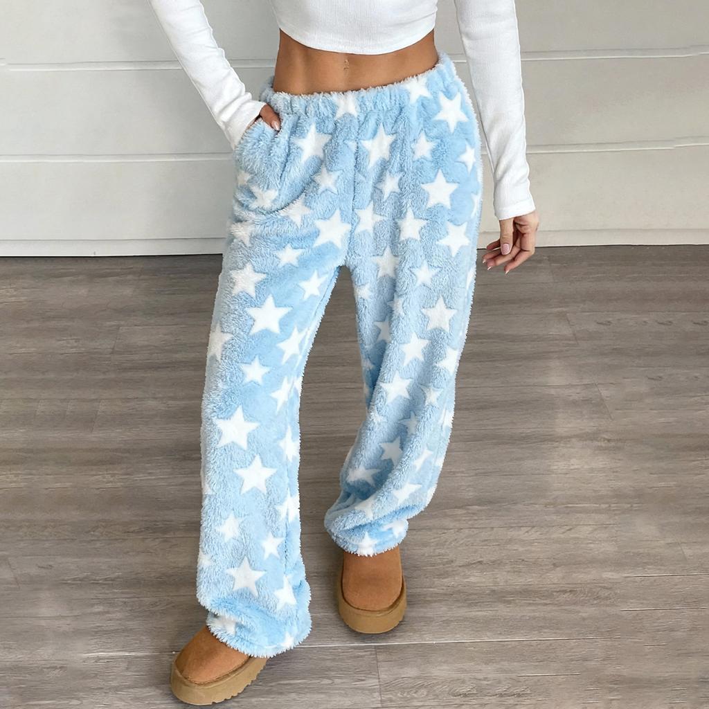 Women's Pajama Pants, Plush Pajama Pants, Soft Elastic Waist Pajama Pants, Star Pants With 2 Pockets