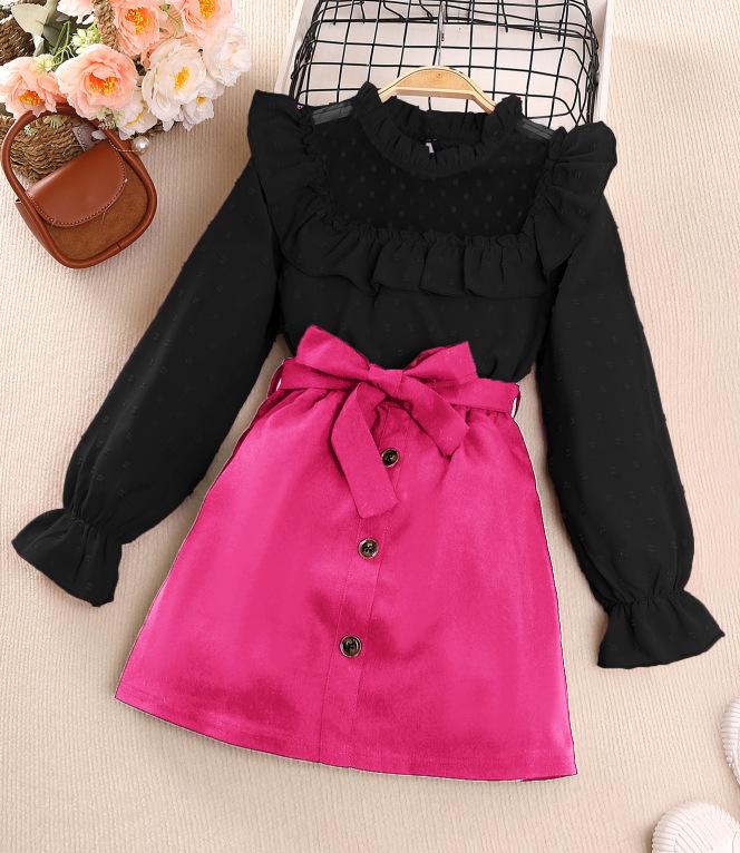 Детские повседневные комплекты одежды для девочек весна осень 2024 новые подростковые детские топы с длинными рукавами и оборками из сетки с нашивками и короткой юбкой комплекты одежды