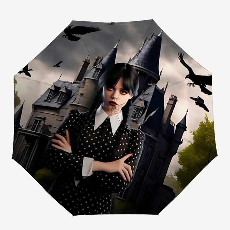 1pc Wednesday Automatic Folding Umbrella - Compact 8-Rib Design, Durable Plastic & Iron, Perfect Gift for Friends & Family, Outdoor Umbrella, Fashiona
