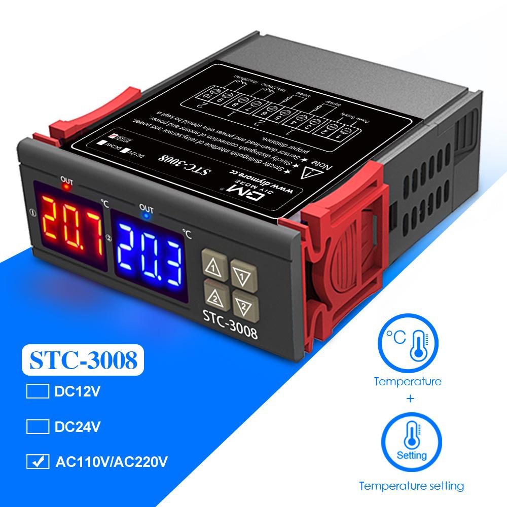 STC-3008 Двухканальный термостат с двумя дисплеями, DC12V/24V AC110-220V, Регулятор температуры, NTC, Двойной датчик