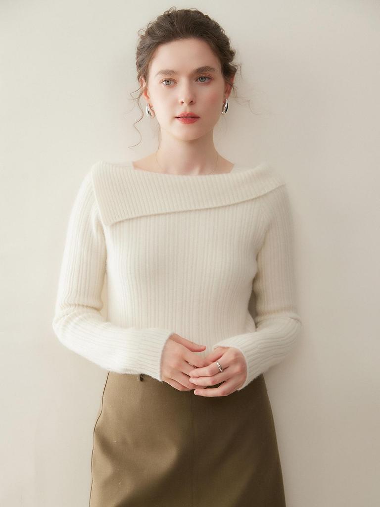 One-Shoulder Solid Color Cashmere Women's Ribbed Knit Sweater - Slimming Lazy Style for Autumn/Winter New Arrivals