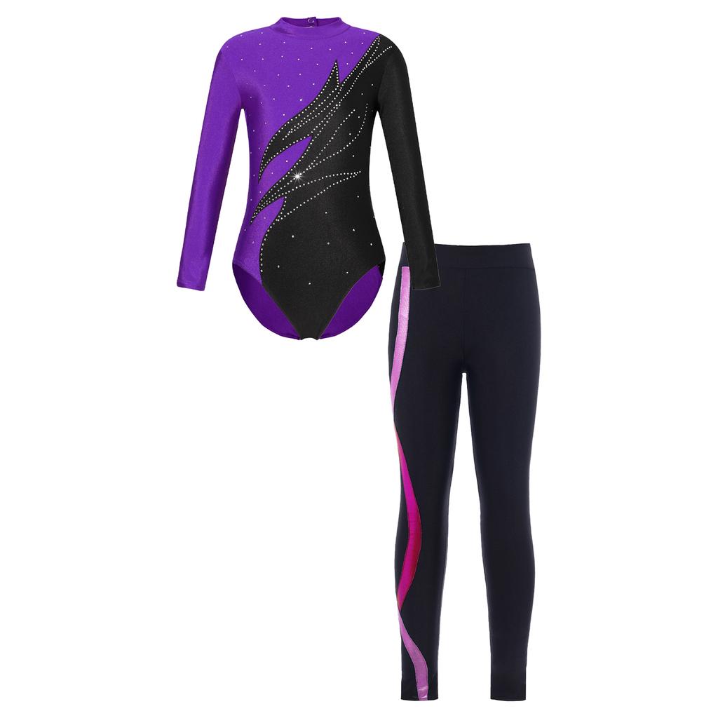 Kids Girls 2Pcs Skating Clothing Long Sleeve Mock Neck Leotard with Leggings Set for Dance Training Wear