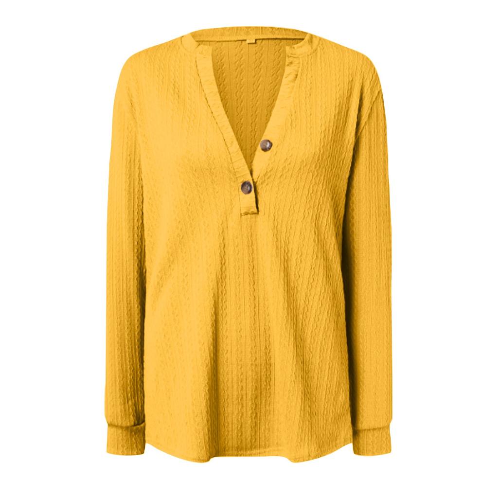 Женская мода с длинным рукавом однотонная футболка с v-образным вырезом и пуговицами повседневный топ с принтом