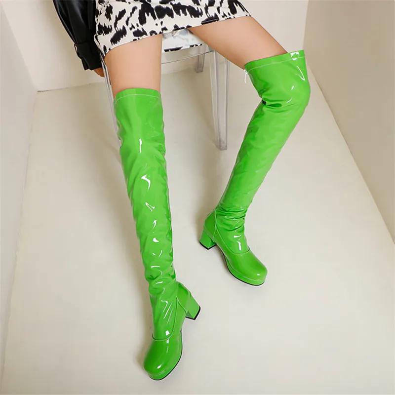 Модные женские лаковые сапоги до колена с круглым носком, черные, белые, кожаные, женские зимние теплые сапоги для вечеринок