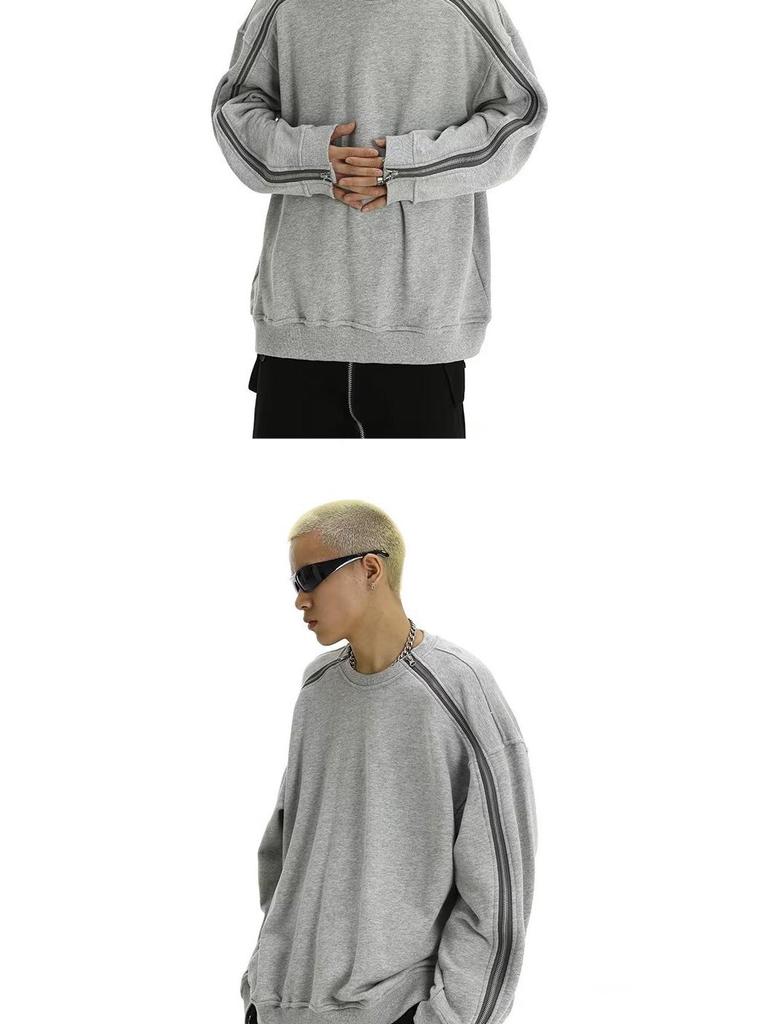Мужская серая толстовка большого веса с круглым вырезом, двусторонней молнией, пэчворком и дизайном со спущенной линией плеча