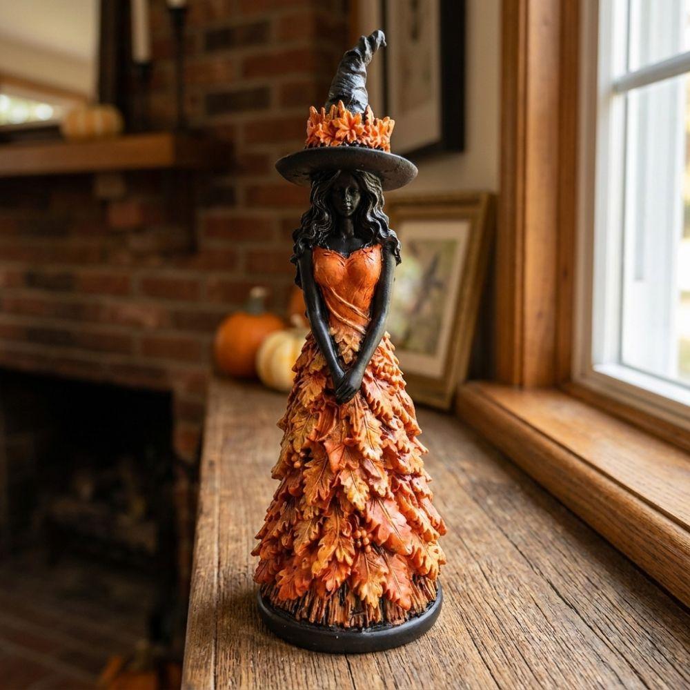 Rustic Halloween Witch Statue Leaf Gown Leaf Witch Resin Ornament Mantel Shelf