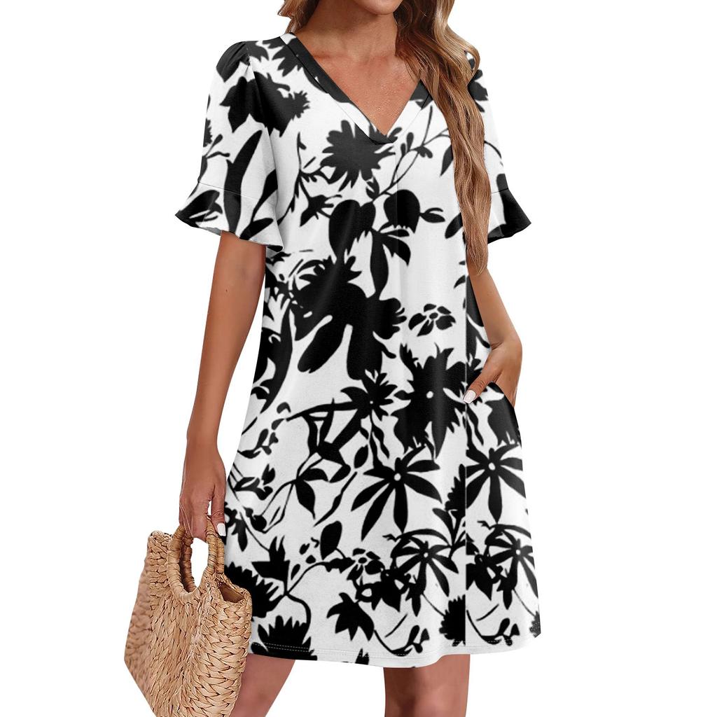 Летние платья для женщин с V-образным вырезом, оборками и коротким рукавом, повседневное свободное платье с принтом, пляжное платье с карманами