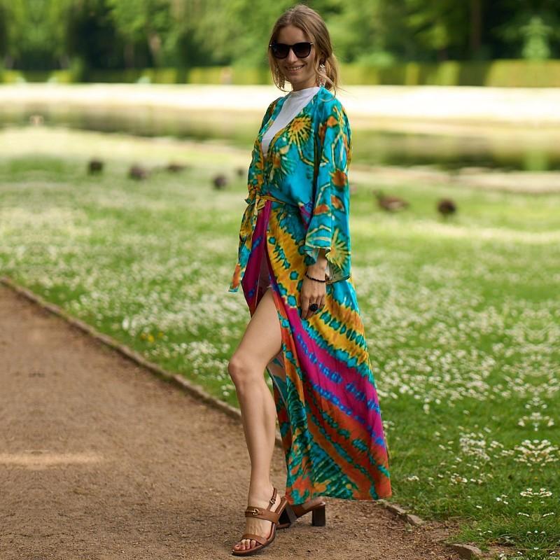 EDOLYNSA Повседневное платье-кимоно с длинными рукавами и принтом, халат, женская летняя пляжная одежда, купальник, накидка, пляжный отдых, солнцезащитная одежда Q1451