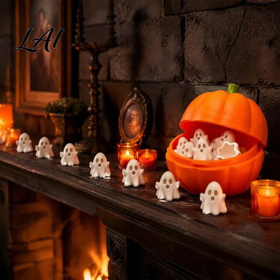 Pumpkin Storage Box Halloween with 20 Mini Ghosts for Candy & 3D Printed Treat Container Lid Trick or Treat Holiday Party Spooky Ghost Decorations
