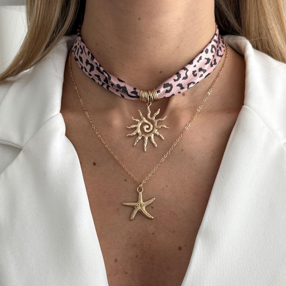 Leopard Print Conch Starfish Necklace Seashell Beads Chain Choker Scarf Necklace Gold Jewelry