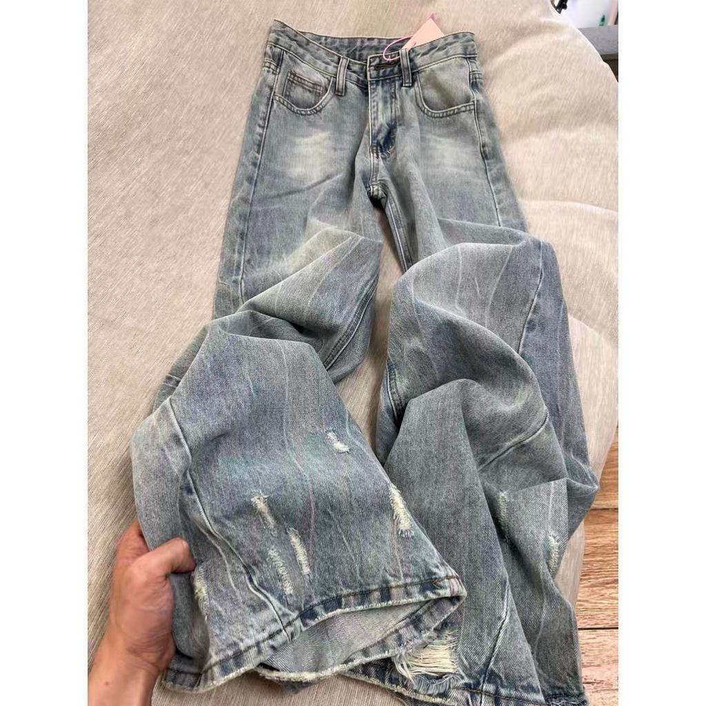 Vintage Loose All Match Wide Leg Pants Female Fashion Hole Casual Denim Trousers Women Streetwear Women Jeans 2025