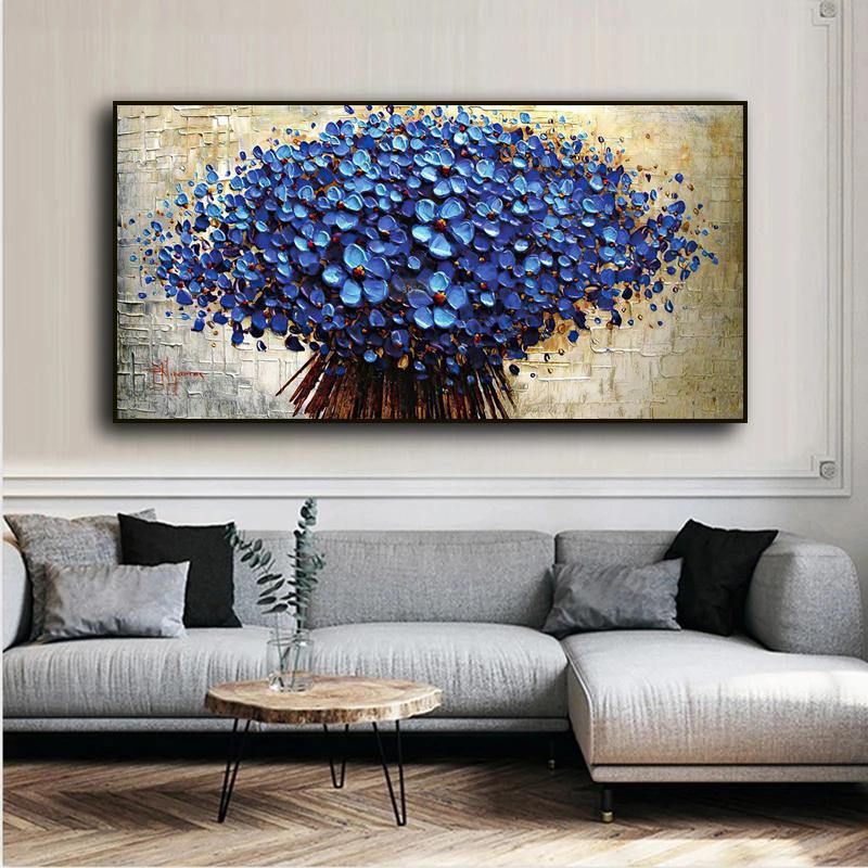 Nordic Abstract Blue Flowers Oil Painting On Canvas Wall Art Posters Prints Wall Pictures for Living Room Home Cuadros Decor