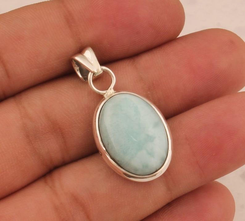 Solid 925 Sterling Silver larimar Gemstone Pendant Necklace Boho Designer Necklace Statement Jewelry
