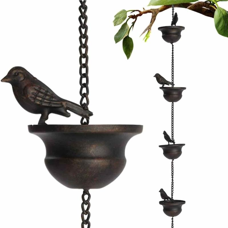 Birds On Cups Rain Chain for Rain Functional Decorative Replacement Downspout Chain for Outside Metal Rain Catcher