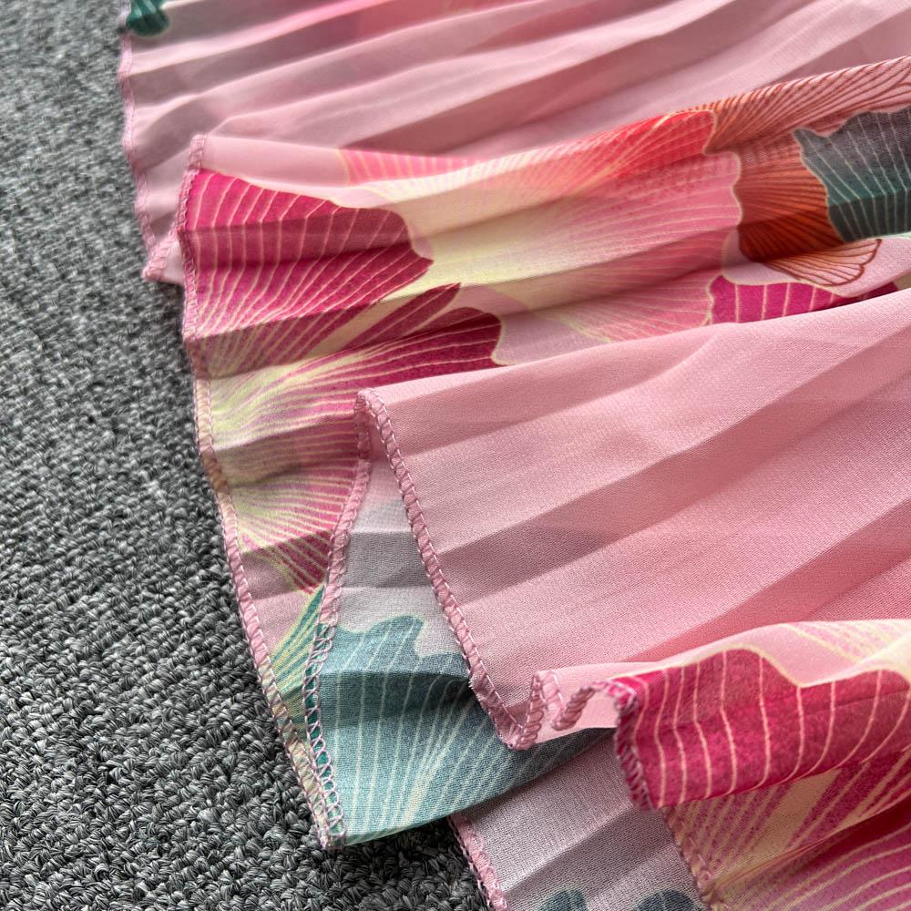 French Chic Dress for Women V-neck Plant Printed Lantern Sleeve Pleated Long Dresses Autumn Dress Female A-line