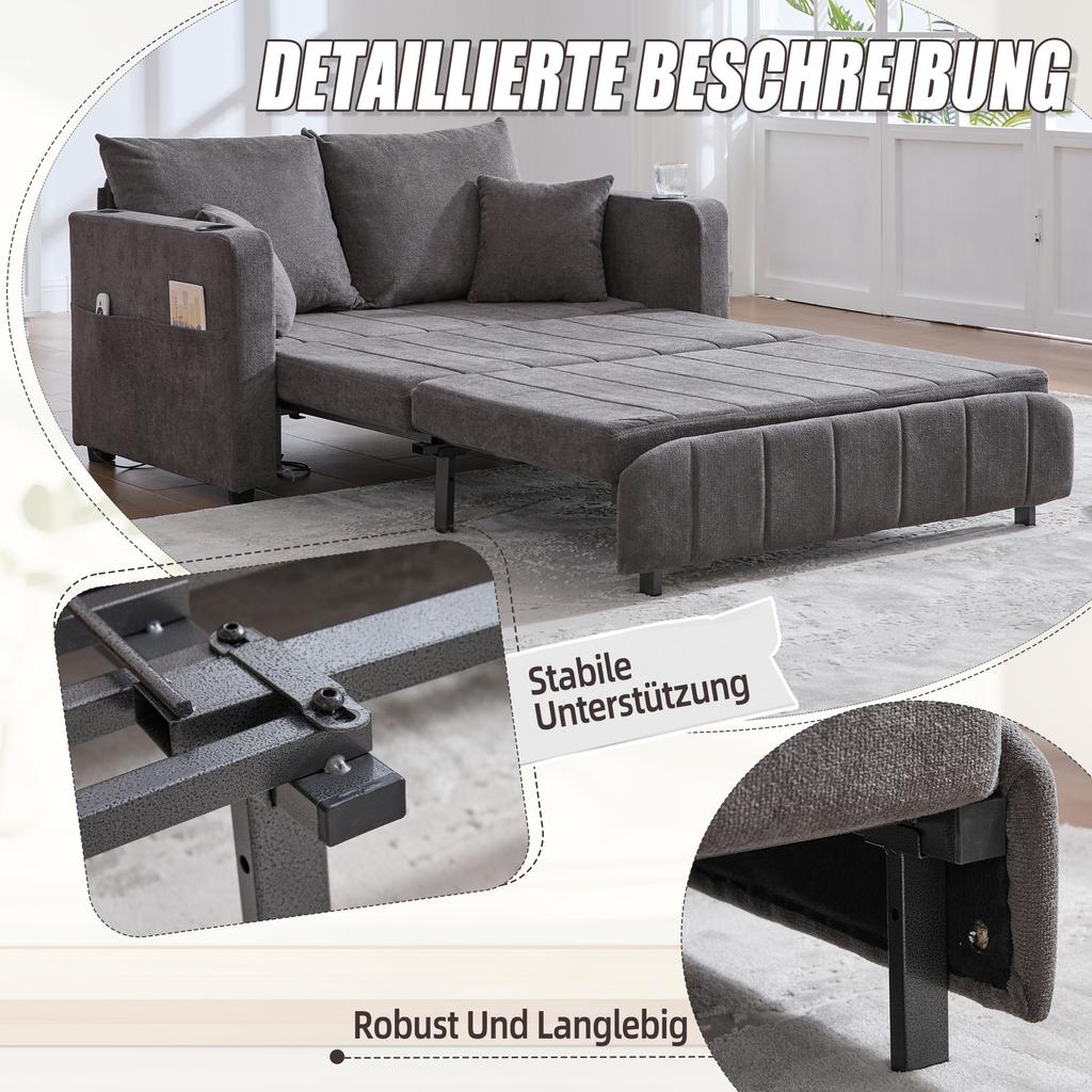 Multifunctional Fabric Sofa, Pull-Out Folding Sofa, With Storage Pockets On Armrests, USB Charging Function And Drink Holders (Grey Chenille Fabric)