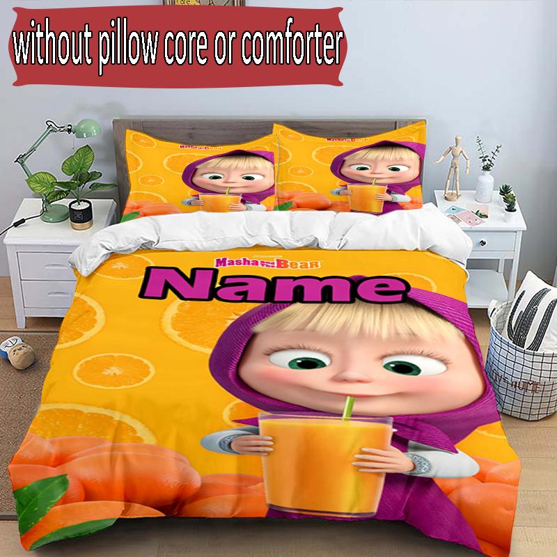 3pcs Duvet Cover Set (1*Duvet Cover + 2*Pillowcase, Without Core), Custom Name Masha and The Bear Pattern Bedding Set, Home Bedroom Decor Gift