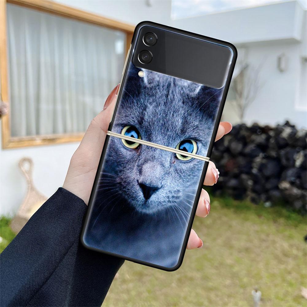 Роскошный чехол для Samsung Galaxy Z Flip 4 3 5G, черный ПК, жесткие чехлы для телефонов, модная задняя крышка ZFlip Funda, милый Aniaml Cat Shell Sac