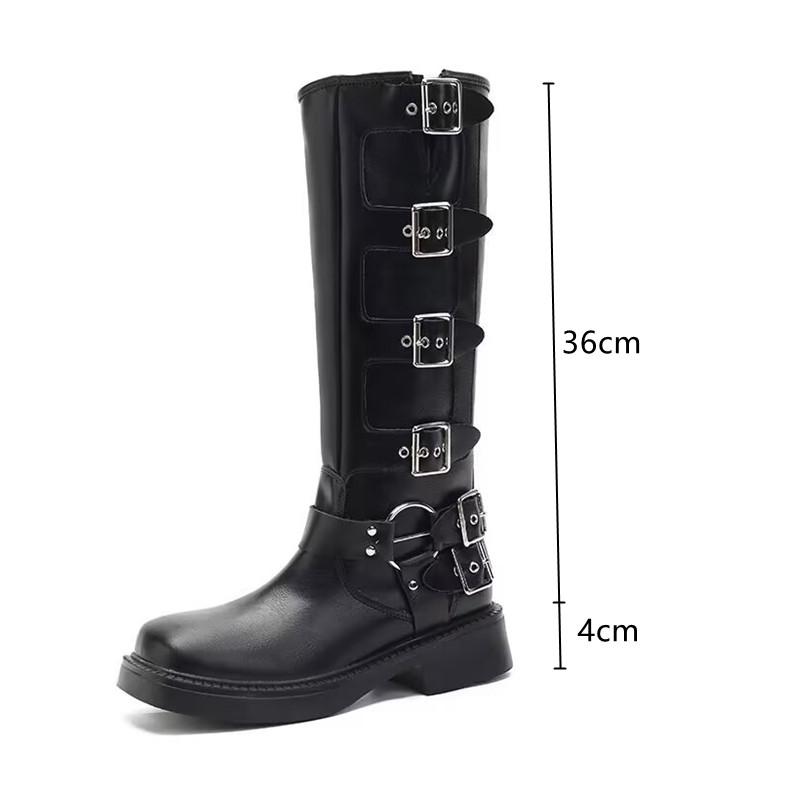 Ins Style Metal Buckle Real Leather Women Motorcycle Boots Vintage Autumn Winter Gothic Platform Knee-high Boots Shoes