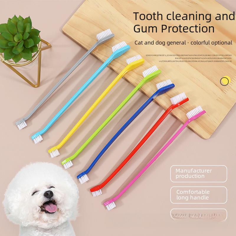 Двойная зубная щетка для домашних животных с длинной ручкой и мягкой щетиной для ухода за полостью рта собак.