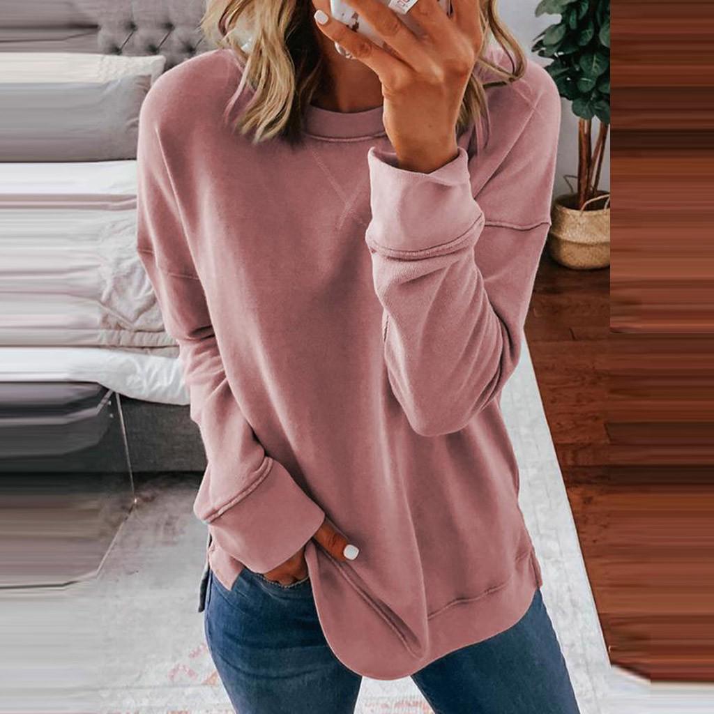 Woman's  Casual Fashion Long Sleeve Solid Color Round Collar Hoodie Tops