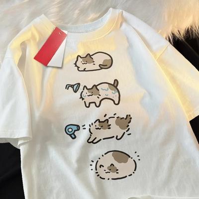 Купающийся Кот Милый Мультяшный Короткий Рукав Футболка для Женщин Повседневная Свободная Летняя Дышащая Фен Чистая Парная Футболка Мода