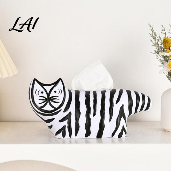 Compact Tissue Box Container Box Striped Cat Shape Dispenser with Ample Interior Artistic Dispenser Space Vinyl Case Decorative Durable Paper