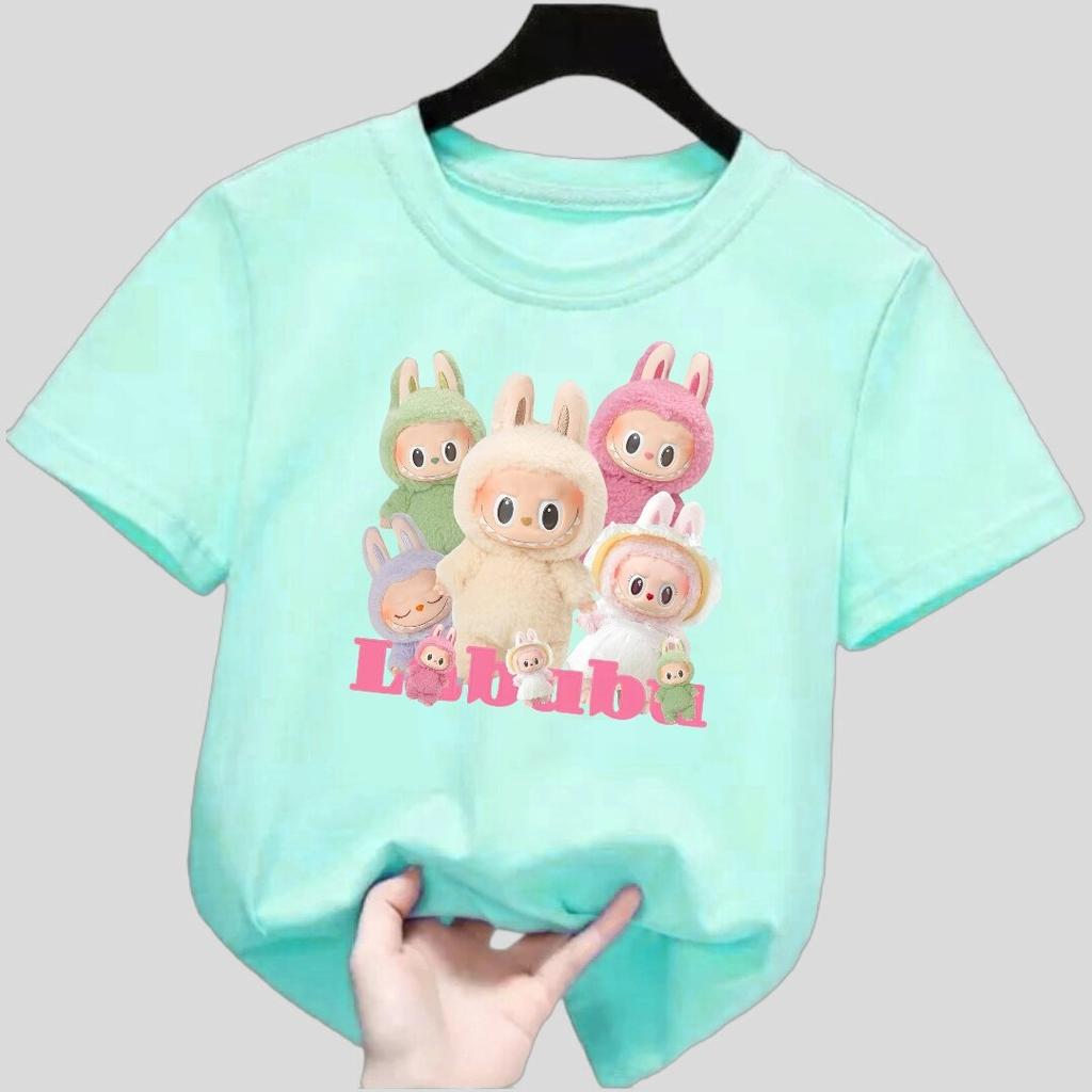Новая детская футболка Labubu с множеством узоров LABUBU, круглым вырезом, короткими рукавами, повседневная, универсальный топ для девочек