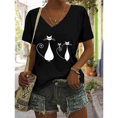 Женская футболка больших размеров с V-образным вырезом, принтом мультяшного кота, средней эластичности, стандартной длины - Новые поступления европейской и американской моды