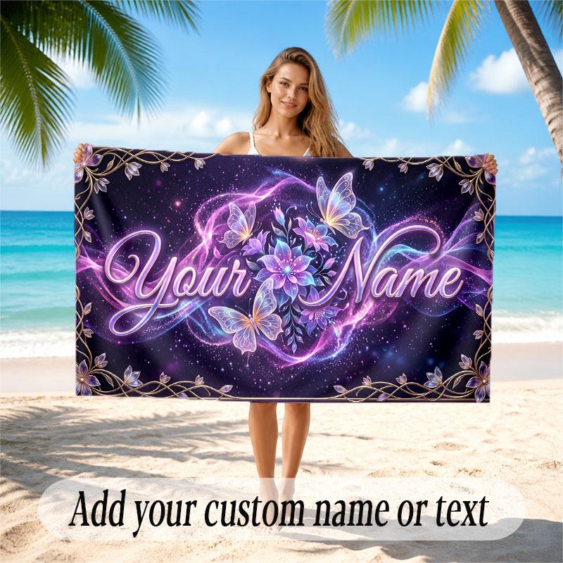 Floral Garden Theme Soft Beach Towel Personalized Custom Name Text Towel Portable for Beach Pool Travel