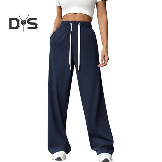 Women Pants Elastic High Waist Adjustable Drawstring Straight Wide Leg Trousers with Pockets Solid Color Casual Pants