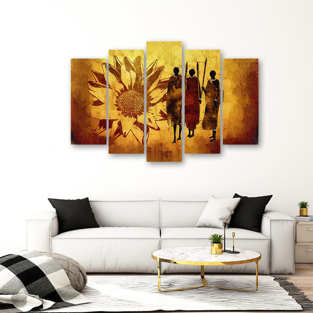Картина из пяти частей, печать на холсте, Африка, подсолнухи, желтый