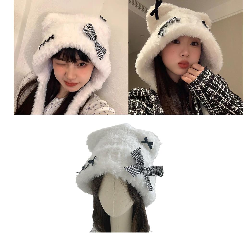 Cute Girls Bowknot Bear Ear Earflap Beanie Windproof Trapper Hat Ear Protector Hat Adult Winter Cycling Skiing Supplies