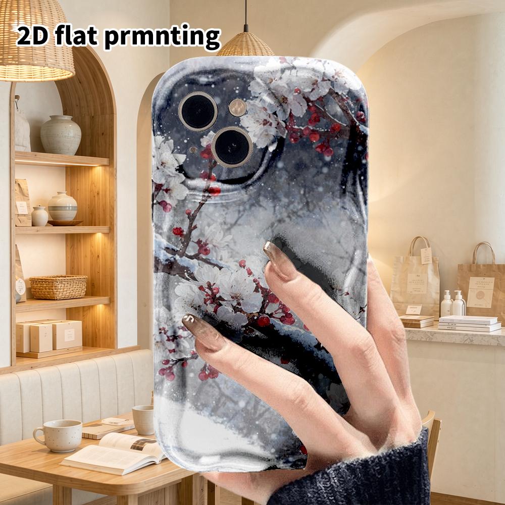 Phone Case: 2D flat design suitable for iPhone 18, 17, 16, 15, 14, 13 Pro film protective case, couple style, snow and cold plum, Christmas and Hallow