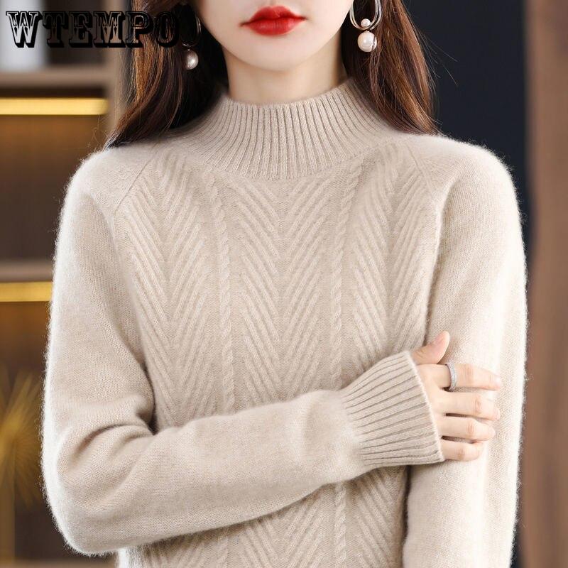 Свитер из чистого кашемира, пуловер, женский осенне-зимний однотонный однотонный свитер с полувысоким воротником и длинным рукавом, вязаный низ, топ