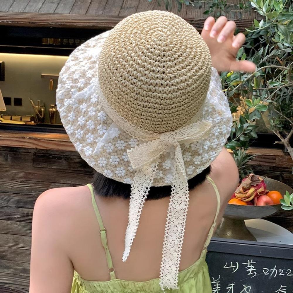 Large Brim Flower Sun Hat Breathable Lace Bowknot Sunshade Cap Vacation Woman's Straw Hat  Travel