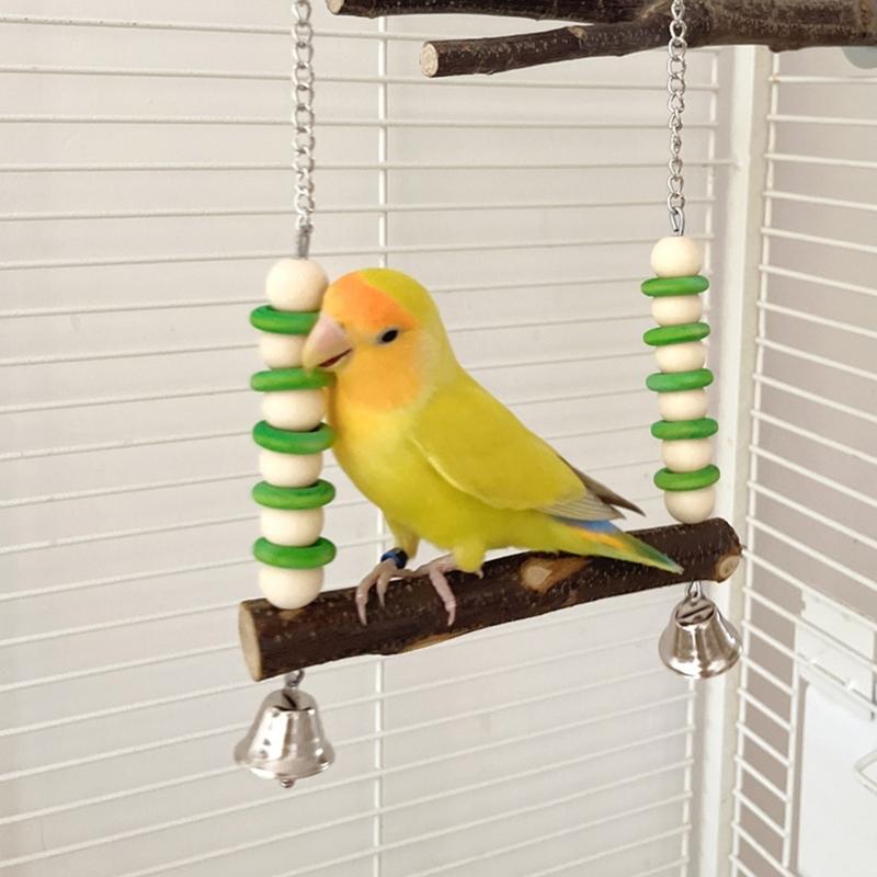 Bird Perches Chewing Toy Birdcages Standing Swing Small Medium Bird Cage Wood Swing with Bells Exercise Perches for Conures