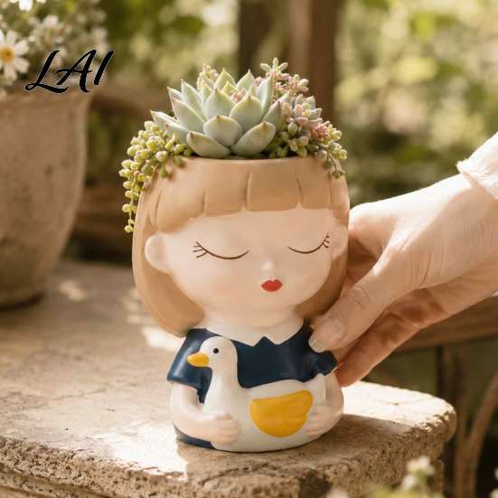 Cartoon Animal Succulent Pot Cute Head Planter Resin Little Girl Flower Pot Human Compact for Windowsill Face Cactus Plants Container Bonsai Holder