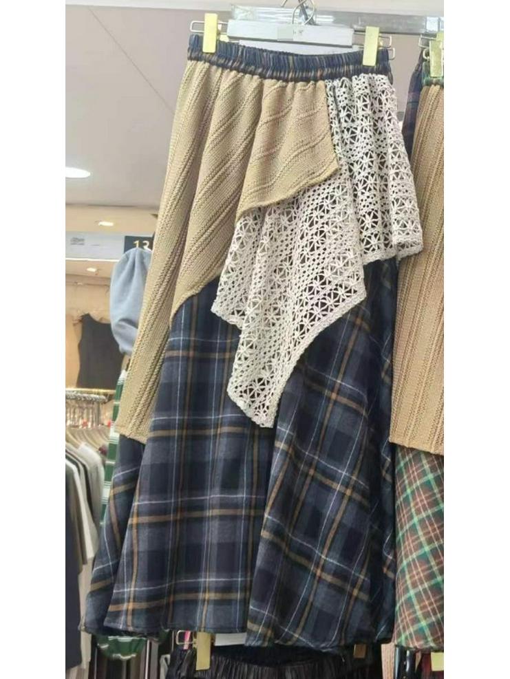 Ретро японская этническая узкая длинная юбка с высокой талией для женщин - Осенне-зимний пэчворк