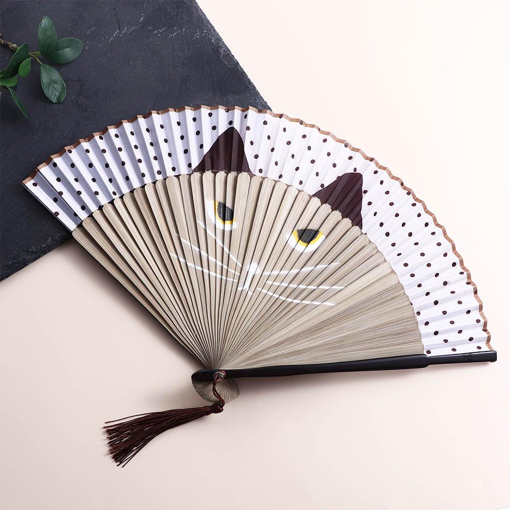 Cat Patterns Summer Gift Handmade Bamboo Wooden Fan Crafts Folding Fan Home Decoration Silk Fan