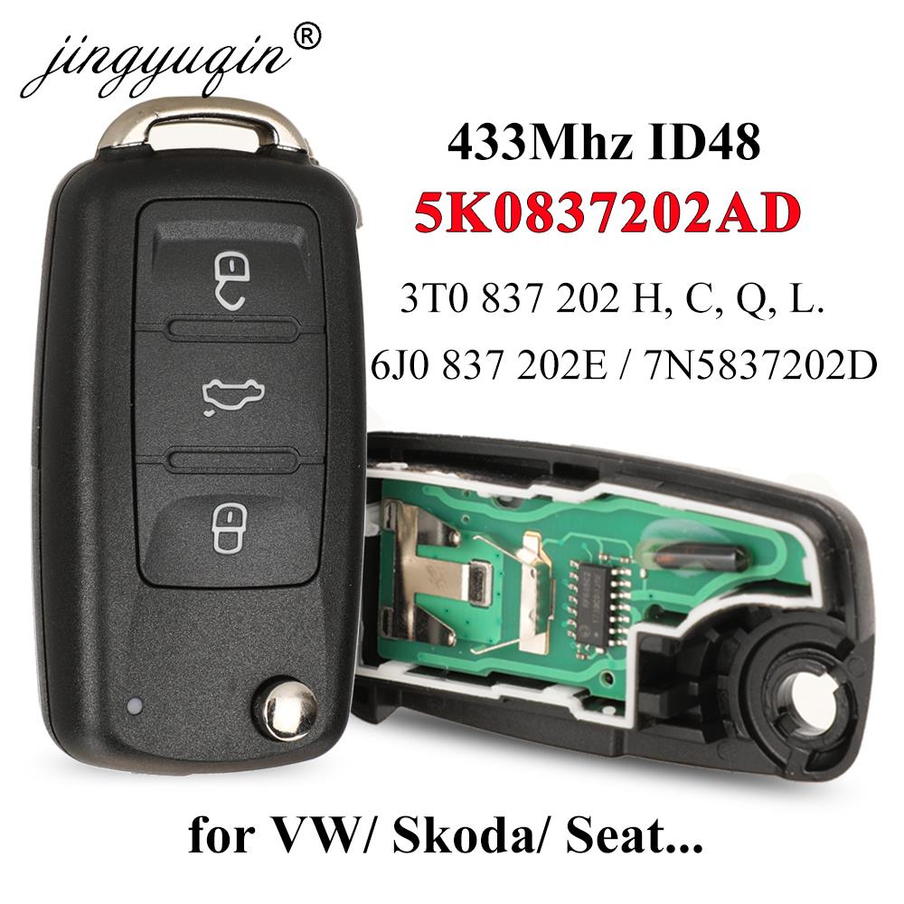 Jingyuqin 3Button Remote Flip Car Key 434MHz ID48 Chip for VW Volkswagen Golf Passat Tiguan Polo Jetta Beetle Skoda Fabia Seat LEON 5K0837202AD 433Mhz