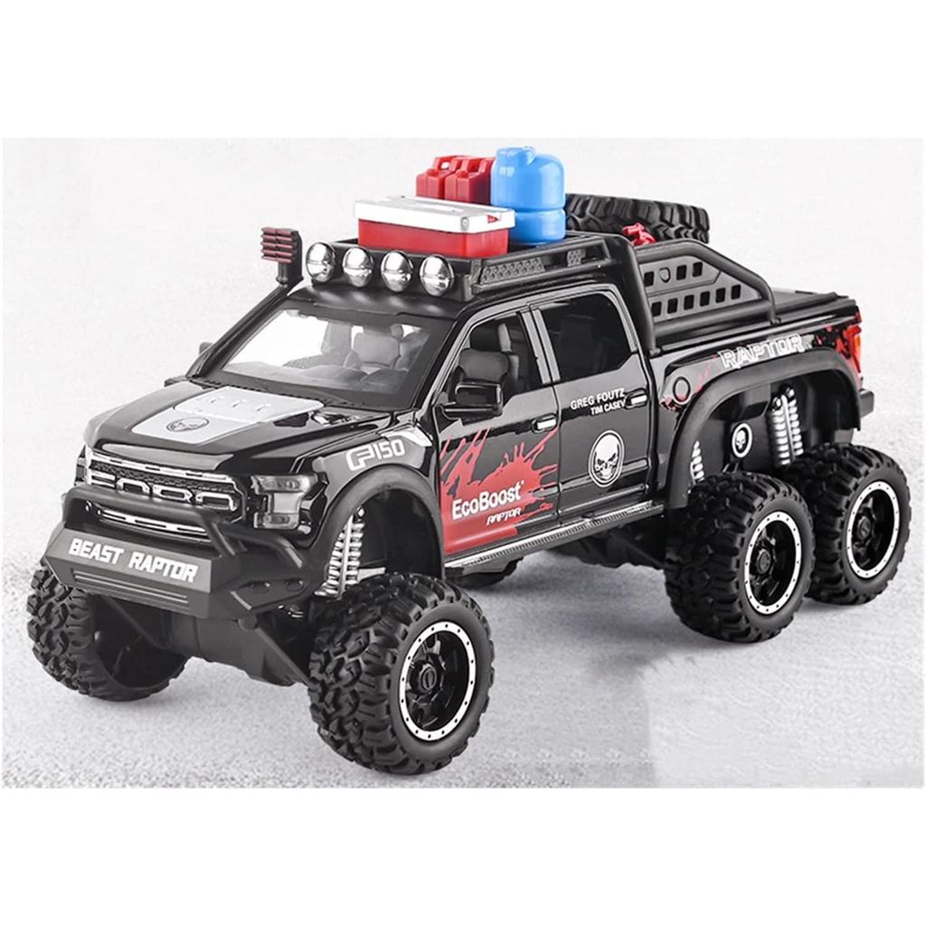 1/28 Scale Ford Raptor F150 6X6 Pickup Truck Diecast Car Model Toy, Pull Back Toy Vehicle with Sound and Light for Kids Toddler Gift Collection