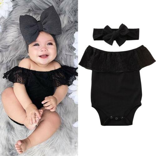 Newborn Girls Romper Outfits, Lace Clothes Off Shoulder Jumpsuit + Bowknot Headband Suits