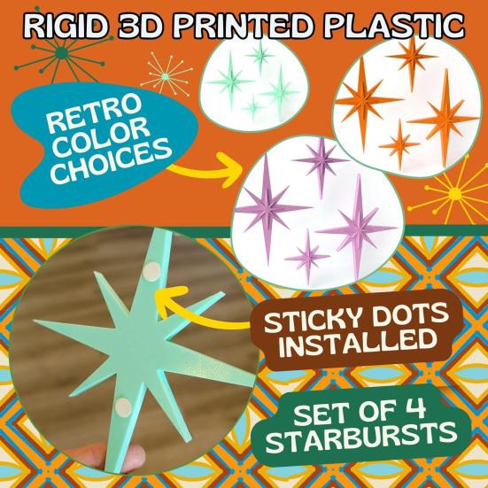 4Pcs Retro Starburst Wall Decoration 3D Printed Mini Mid-Century Starburst Wall Art Home Bedroom Living Room Bathroom Wall Decorative Sign