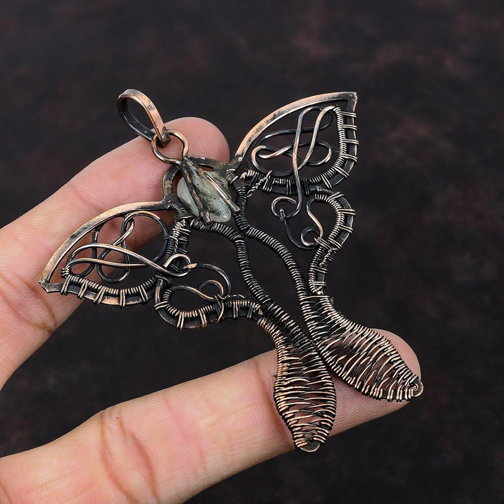 Подвеска Rainbow Moonstone, подвеска из медной проволоки, ювелирное изделие ручной работы, подвеска-бабочка, уникальное медное ювелирное изделие, подвеска из драгоценного камня, подарок для мамы