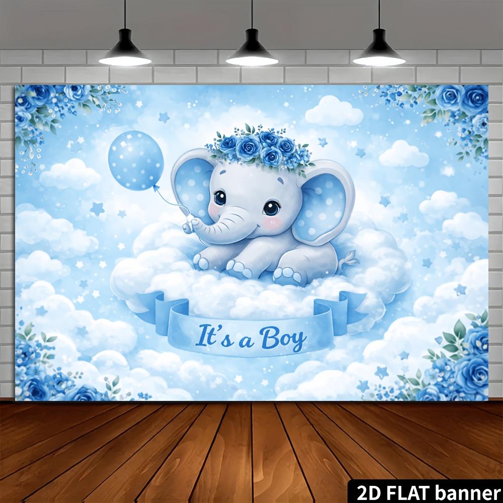 2D Plane Cloud Elephant Theme Background Cloth - Light Blue Dreamy Style Decorated with Balloons Stars and Blue Roses
